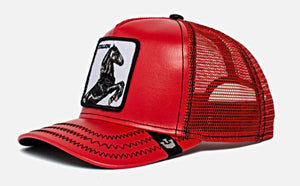 Goorin 'Cherry Mustang' Leather/Polyester Trucker Cap in Red