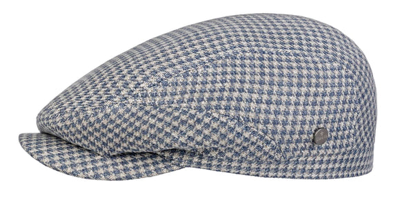 Lierys Linen/Silk/cotton Houndstooth Drivers style flat cap in blue/Natural