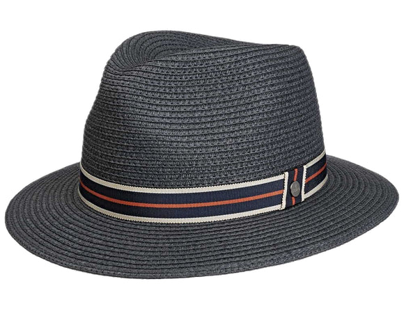 Liery's Viscose Toyo Fedora hat in Dark Grey with striped band