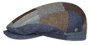 Liery's Wool/Linen/Silk Patchwork Drivers style flat cap in denim Blue/Brown